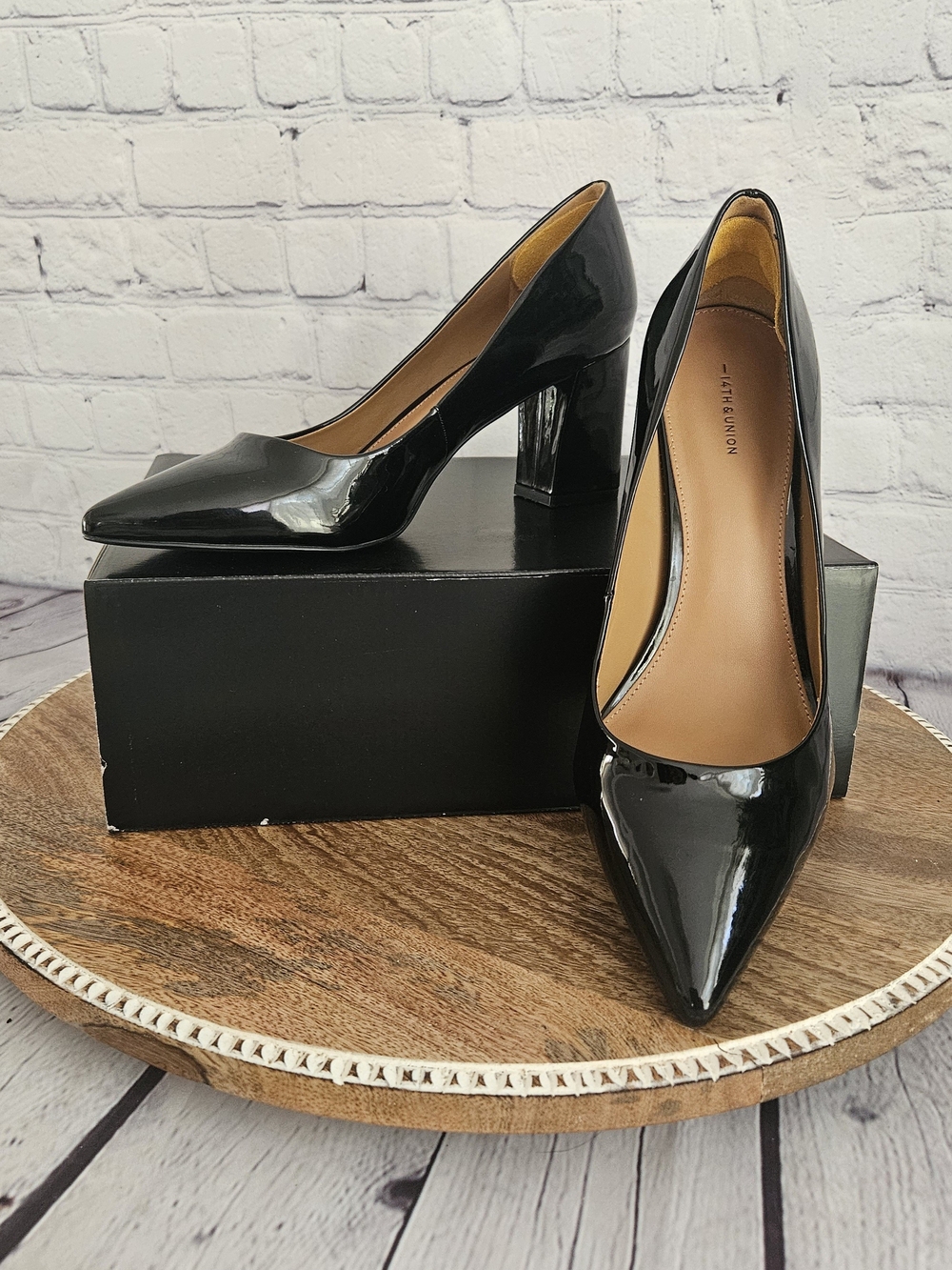 14th & Union Black Patent Pointed Block Heel Pumps